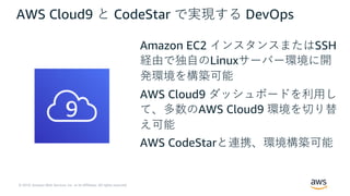 © 2019, Amazon Web Services, Inc. or its Affiliates. All rights reserved.
AWS Cloud9 と CodeStar で実現する DevOps
Amazon EC2 インスタンスまたはSSH
経由で独⾃のLinuxサーバー環境に開
発環境を構築可能
AWS Cloud9 ダッシュボードを利⽤し
て、多数のAWS Cloud9 環境を切り替
え可能
AWS CodeStarと連携、環境構築可能
 