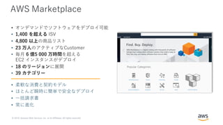 © 2019, Amazon Web Services, Inc. or its Affiliates. All rights reserved.
AWS Marketplace
• オンデマンドでソフトウェアをデプロイ可能
• 1,400 を超える ISV
• 4,800 以上の商品リスト
• 23 万⼈のアクティブなCustomer
• 毎⽉ 6 億5 000 万時間を超える
EC2 インスタンスがデプロイ
• 18 のリージョンに展開
• 39 カテゴリー
• 柔軟な消費と契約モデル
• ほとんど瞬時に簡単で安全なデプロイ
• ⼀括請求書
• 常に進化
 
