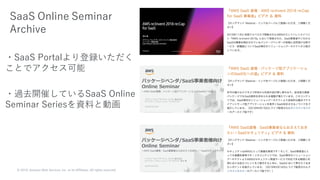 © 2019, Amazon Web Services, Inc. or its Affiliates. All rights reserved.
SaaS Online Seminar
Archive
・SaaS Portalより登録いただく
ことでアクセス可能
・過去開催しているSaaS Online
Seminar Seriesを資料と動画
 