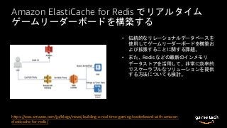Amazon ElastiCache for Redis でリアルタイム
ゲームリーダーボードを構築する
• 伝統的なリレーショナルデータベースを
使用してゲームリーダーボードを構築お
よび拡張することに関する課題。
• また、Redis などの最新のインメモリ
データストアを活用して、非常に効率的
でスケーラブルなソリューションを提供
する方法についても検討。
https://aws.amazon.com/jp/blogs/news/building-a-real-time-gaming-leaderboard-with-amazon-
elasticache-for-redis/
 