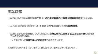 #3
主な対象
• AEsについてほぼ事前知識が無く, これまでの流れと最新研究の動向を知りたい⽅.
• これまでの研究で分かっている範囲でのAEsの最も有⼒な原因候補.
• AEsはモデルの安全性についての話で, ⾃分の研究に関係することはまず無いと考え
ていたCV分野の⽅.
-> 今年になって画像⽣成への応⽤研究も出てきています.
※AEs周りの研究をされている⽅は, 既に知っている内容が多いと思います.
 