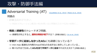 攻撃・防御⼿法編
#38
Adversarial Training (AT)
問題点
• 計算コストが⼤きい.
-> PGD(イテレーション数20~40)を⽤いると学習のコストも20~40倍に...
• 精度と頑健性のトレードオフ問題.
-> 頑健性が向上すると, 通常の精度が低下する︖ (詳細は後述.)
• 学習データに追加しなかったAEsにも頑健になっている︖
-> min max 最適化の内側のmaxがAEsの⽣成⼿法に依存してしまっている...
-> 様々な⼿法で⽣成したAEsを全て学習データに追加すれば⼤丈夫か︖(詳細は後述.)
[Goodfellow et al., 2015] [Madry et al., 2018]
[Su et al., 2018]
 