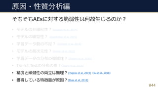 #44
そもそもAEsに対する脆弱性は何故⽣じるのか︖
• モデルの⾮線形性︖
• モデルの線型性︖
• 学習データ数の不⾜︖
• モデルの⾼次元性︖
• 学習データの分布の複雑性︖
• TrainとTestの分布の差︖
• 精度と頑健性の両⽴は無理︖
• 獲得している特徴量が原因︖
原因・性質分析編
[Szegedy et al., 2014]
[Goodfellow et al. 2015]
[Schmidt et al. 2018]
[Gilmer et al. 2018]
[Su et al. 2018]
[Shafahi et al. 2019]
[Tsipras et al. 2019]
[Ilyas et al. 2019]
[Zhang et al. 2019]
 