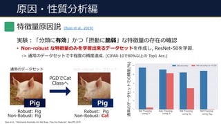 原因・性質分析編
実験︓「分類に有効」かつ「摂動に脆弱」な特徴量の存在の確認
• Non-robust な特徴量のみを学習出来るデータセットを作成し, ResNet-50を学習.
-> 通常のデータセットで中程度の精度達成. (CIFAR-10で80%以上の Top1 Acc.)
Ilyas et al., “Adversarial Examples Are Not Bugs, They Are Features”, NeurIPS 2019.
Robust: Pig
Non-Robust: Pig
通常のデータセット
Pig
Robust: Pig
Non-Robust: Cat
Non-robust データセット
PGDでCat
Classへ
Pig
特徴量原因説 [Ilyas et al., 2019]
通常のデータセットでの精度(%)
 