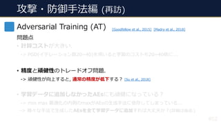 攻撃・防御⼿法編 (再訪)
#52
Adversarial Training (AT)
問題点
• 計算コストが⼤きい.
-> PGD(イテレーション数20~40)を⽤いると学習のコストも20~40倍に...
• 精度と頑健性のトレードオフ問題.
-> 頑健性が向上すると, 通常の精度が低下する︖
• 学習データに追加しなかったAEsにも頑健になっている︖
-> min max 最適化の内側のmaxがAEsの⽣成⼿法に依存してしまっている...
-> 様々な⼿法で⽣成したAEsを全て学習データに追加すれば⼤丈夫か︖(詳細は後述.)
[Goodfellow et al., 2015] [Madry et al., 2018]
[Su et al., 2018]
 