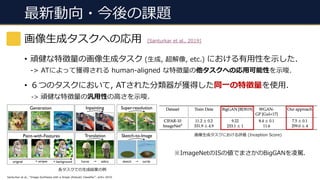 最新動向・今後の課題
• 頑健な特徴量の画像⽣成タスク (⽣成, 超解像, etc.) における有⽤性を⽰した.
-> ATによって獲得される human-aligned な特徴量の他タスクへの応⽤可能性を⽰唆.
• ６つのタスクにおいて, ATされた分類器が獲得した同⼀の特徴量を使⽤.
-> 頑健な特徴量の汎⽤性の⾼さを⽰唆.
画像⽣成タスクへの応⽤ [Santurkar et al., 2019]
各タスクでの⽣成結果の例
画像⽣成タスクにおける評価 (Inception Score)
Santurkar et al., “Image Synthesis with a Single (Robust) Classifier”, arXiv 2019.
※ImageNetのISの値でまさかのBigGANを凌駕.
 