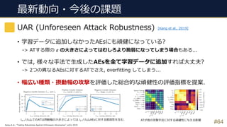 最新動向・今後の課題
• 学習データに追加しなかったAEsにも頑健になっている?
-> ATする際の 𝜺 の⼤きさによってはむしろより脆弱になってしまう場合もある...
• では, 様々な⼿法で⽣成したAEsを全て学習データに追加すれば⼤丈夫?
-> 2つの異なるAEsに対するATでさえ, overfitting してしまう...
• 幅広い種類・摂動幅の攻撃を評価した総合的な頑健性の評価指標を提案.
#64
UAR (Unforeseen Attack Robustness) [Kang et al., 2019]
Kang et al., “Testing Robustness Against Unforeseen Adversaries”, arXiv 2019.
𝑙HノルムでのATは摂動幅の⼤きさによっては 𝑙[ノルムAEsに対する脆弱性を⽣む. ATが他の攻撃⼿法に対する頑健性に与える影響
 
