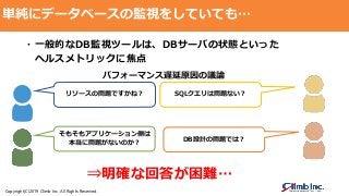 Copyright(C)2019 Climb Inc. All Rights Reserved.
単純にデータベースの監視をしていても…
リソースの問題ですかね？ SQLクエリは問題ない？
そもそもアプリケーション側は
本当に問題がないのか？ DB設計の問題では？
・一般的なDB監視ツールは、DBサーバの状態といった
ヘルスメトリックに焦点
⇒明確な回答が困難…
パフォーマンス遅延原因の議論
 