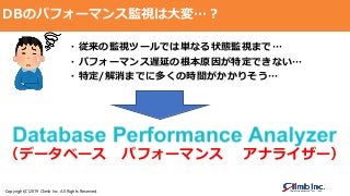 Copyright(C)2019 Climb Inc. All Rights Reserved.
DBのパフォーマンス監視は大変…？
・従来の監視ツールでは単なる状態監視まで…
・パフォーマンス遅延の根本原因が特定できない…
・特定/解消までに多くの時間がかかりそう…
（データベース パフォーマンス アナライザー）
 