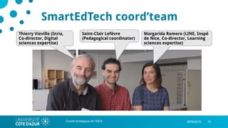 1628/05/2019Comité stratégique de l’IDEX
SmartEdTech coord’team
Thierry Vieville (Inria,
Co-director, Digital
sciences expertise)
Saint-Clair Lefèvre
(Pedagogical coordinator)
Margarida Romero (LINE, Inspé
de Nice, Co-director, Learning
sciences expertise)
 