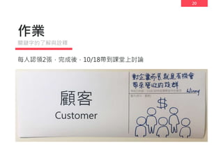 20
作業
每人認領2張，完成後，10/18帶到課堂上討論
關鍵字的了解與詮釋
 