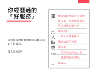 21
你經歷過的
『好服務』
描述過去的經驗中讓你印象深刻
的『好服務』
每人完成2則
捷運出口
一家大小帶著孩子
剛出站就下大雨
愛心傘
捷運站提供無人招領的
遺失傘，作為雨天乘客
可以急用的愛心傘
- 不用多花用公共財
- 重要時刻的幫助
Winny
 