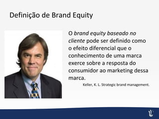 Definição de Brand Equity
O brand equity baseado no
cliente pode ser definido como
o efeito diferencial que o
conhecimento de uma marca
exerce sobre a resposta do
consumidor ao marketing dessa
marca.
Keller, K. L. Strategic brand management.
 