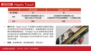 • 運作方式：Haptic Touch 不具備壓力感應器(右圖黃色面板)，
而是使用軟體偵測是否有按壓產生。當重壓螢幕時手指與螢
幕的接觸面積會增加，而 Haptic Touch 就會將增加的面積
判定為此時正在按壓螢幕並做出對應的行為，但因為...