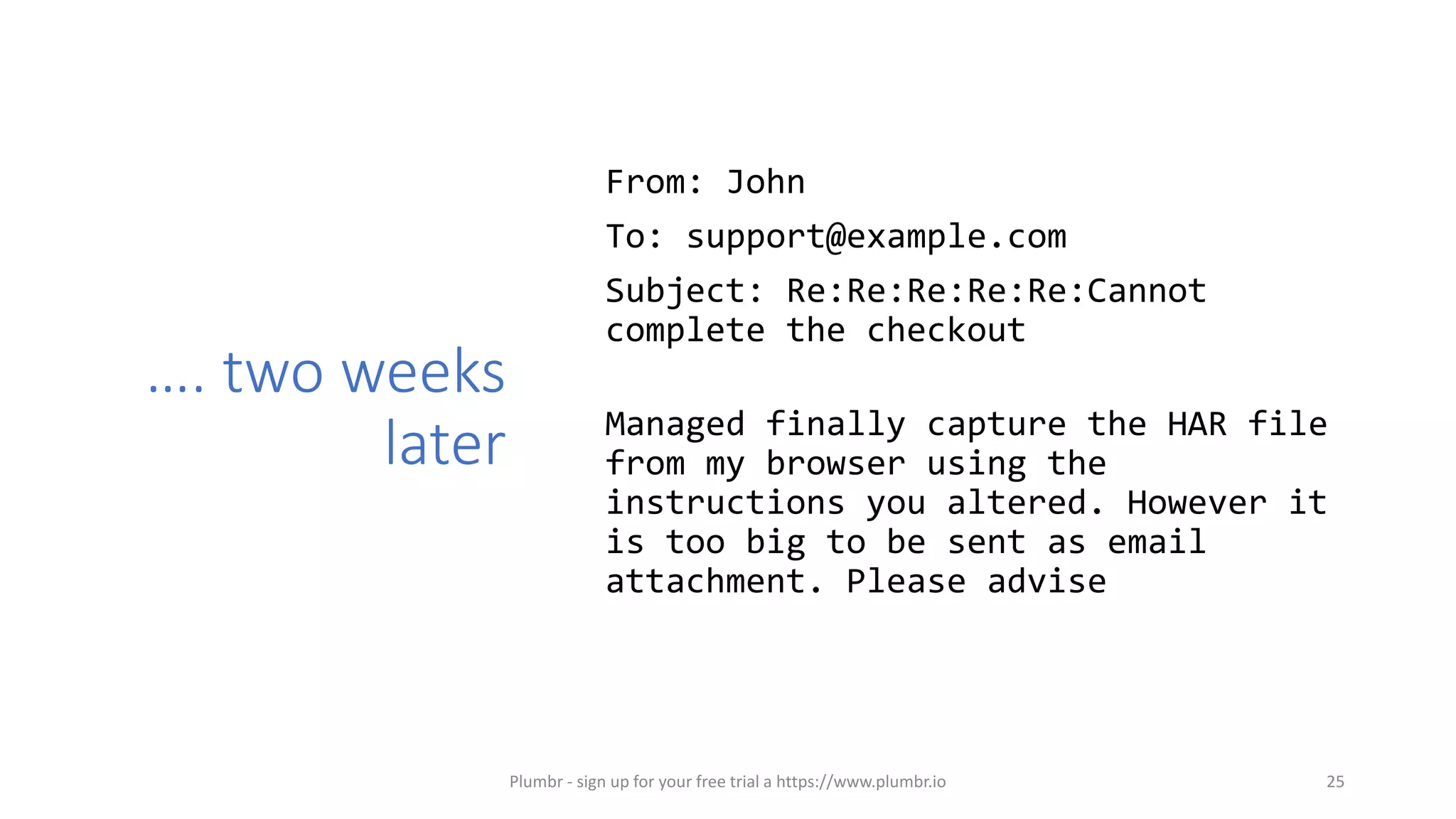 …. two weeks
later
From: John
To: support@example.com
Subject: Re:Re:Re:Re:Re:Cannot
complete the checkout
Managed finally capture the HAR file
from my browser using the
instructions you altered. However it
is too big to be sent as email
attachment. Please advise
25Plumbr - sign up for your free trial a https://www.plumbr.io
 