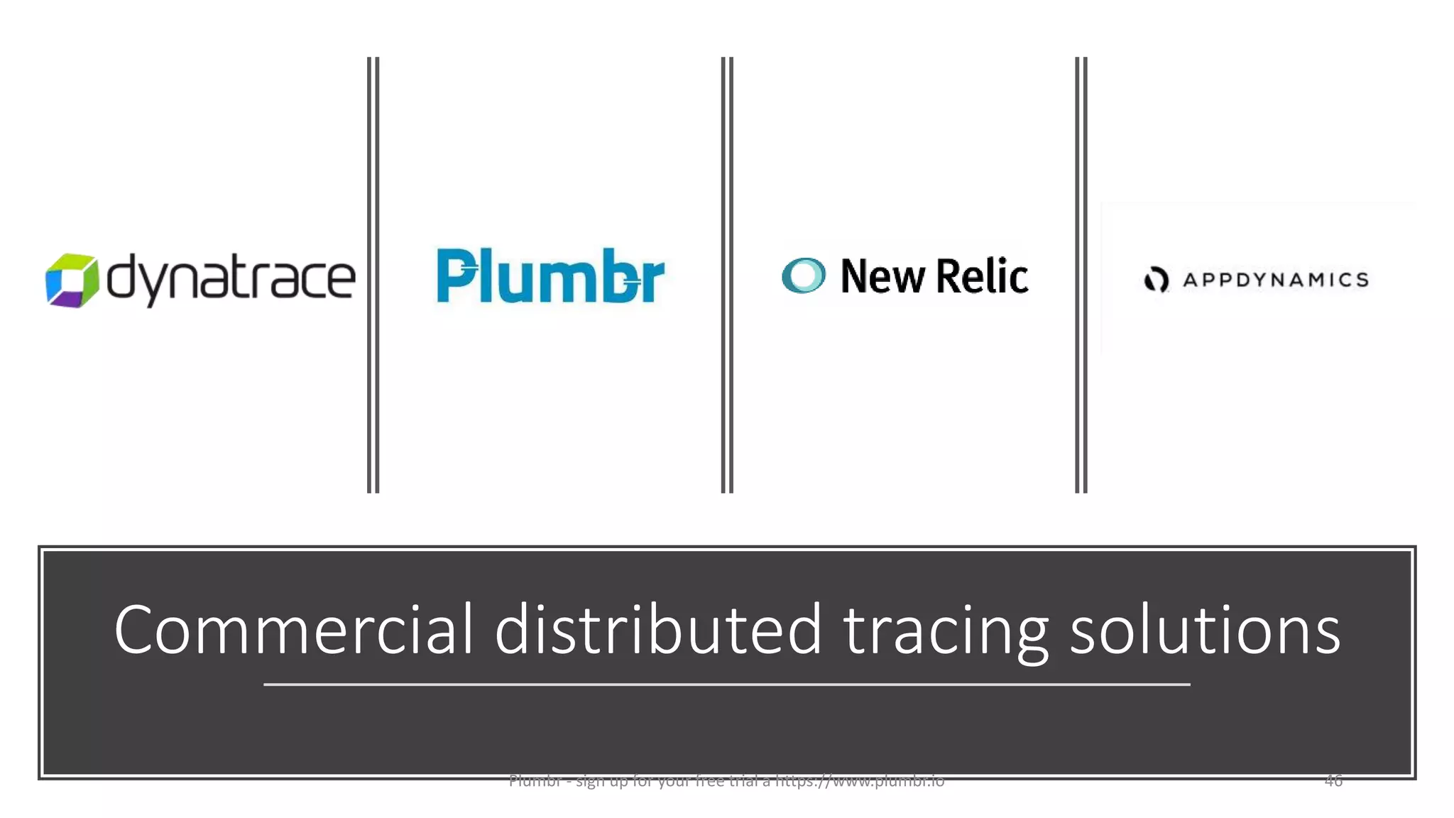 Commercial distributed tracing solutions
46Plumbr - sign up for your free trial a https://www.plumbr.io
 