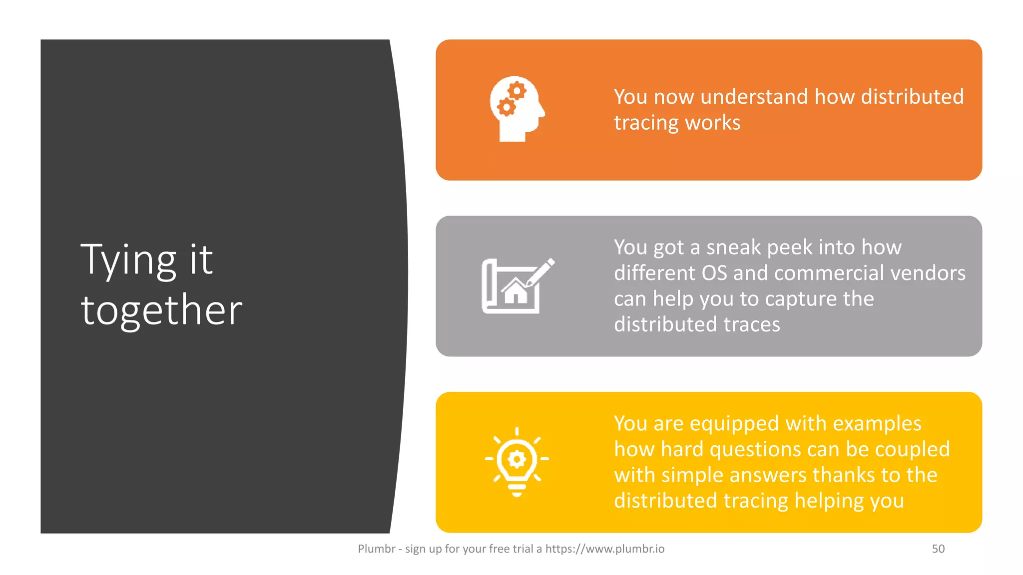 Tying it
together
You now understand how distributed
tracing works
You got a sneak peek into how
different OS and commercial vendors
can help you to capture the
distributed traces
You are equipped with examples
how hard questions can be coupled
with simple answers thanks to the
distributed tracing helping you
50Plumbr - sign up for your free trial a https://www.plumbr.io
 