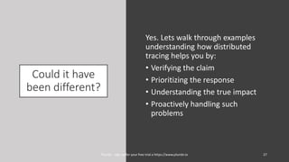 Could it have
been different?
Yes. Lets walk through examples
understanding how distributed
tracing helps you by:
• Verifying the claim
• Prioritizing the response
• Understanding the true impact
• Proactively handling such
problems
27Plumbr - sign up for your free trial a https://www.plumbr.io
 