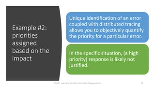 Example #2:
priorities
assigned
based on the
impact
Unique identification of an error
coupled with distributed tracing
allows you to objectively quantify
the priority for a particular error.
In the specific situation, (a high
priority) response is likely not
justified.
34Plumbr - sign up for your free trial a https://www.plumbr.io
 