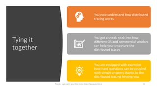 Tying it
together
You now understand how distributed
tracing works
You got a sneak peek into how
different OS and commercial vendors
can help you to capture the
distributed traces
You are equipped with examples
how hard questions can be coupled
with simple answers thanks to the
distributed tracing helping you
50Plumbr - sign up for your free trial a https://www.plumbr.io
 