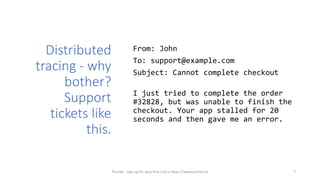 Distributed
tracing - why
bother?
Support
tickets like
this.
From: John
To: support@example.com
Subject: Cannot complete checkout
I just tried to complete the order
#32828, but was unable to finish the
checkout. Your app stalled for 20
seconds and then gave me an error.
7Plumbr - sign up for your free trial a https://www.plumbr.io
 