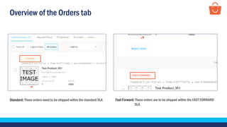 Overview of the Orders tab
Standard: These orders need to be shipped within the standard SLA Fast Forward: These orders are to be shipped within the FAST FORWARD
SLA
 