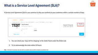 What is a Service Level Agreement (SLA)?
A Service Level Agreement (SLA) is your promise to ship your products to your customers within a certain number of days
1. You can check your ‘days left for shipping’ in the Seller Panel under the Orders tab
2. Try to acknowledge the order within 24 hours
Note – If the SLA is breached, the order will be cancelled and you will be charged a cancellation fee.
 