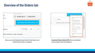Overview of the Orders tab
Here, you can the Download excel sheet for bulk orders and
confirm them easily in a single go
Download Orders Details (CSV): You can download
various reports from this dropdown
 