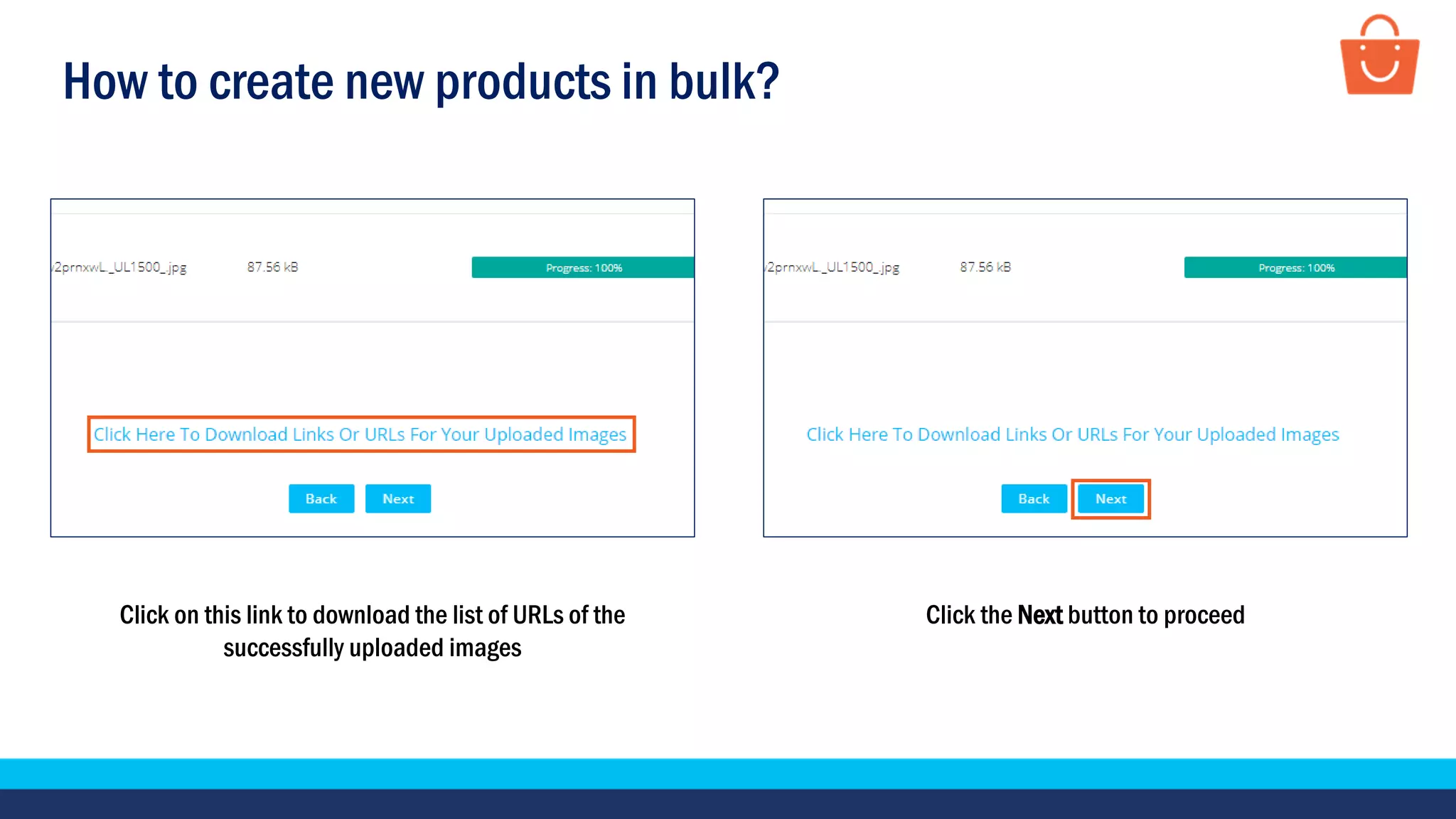 How to create new products in bulk?
Click on this link to download the list of URLs of the
successfully uploaded images
Click the Next button to proceed
 