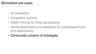 Biomedical use cases
• ID translation
• Integrative queries
• Graph mining for drug repurposing
• Generalized back-end database for customized front-
end applications
• Community curation of ontologies
13
 