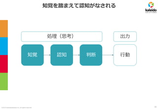 ©2019 kaleidosolutions inc. all rights reserved
知覚を踏まえて認知がなされる
処理（思考）
知覚 認知 判断
出力
行動
18
 