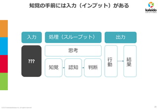 ©2019 kaleidosolutions inc. all rights reserved
知覚の手前には入力（インプット）がある
行
動
処理（スループット）入力 出力
結
果
知覚 認知 判断
???
思考
28
 