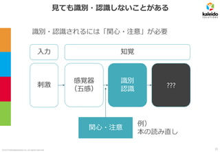 ©2019 kaleidosolutions inc. all rights reserved
見ても識別・認識しないことがある
関心・注意
知覚入力
刺激
感覚器
（五感） ???
例）
本の読み直し
識別
認識
識別・認識されるには「関心・注意」が必要
32
 