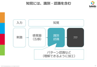 ©2019 kaleidosolutions inc. all rights reserved
知覚には、識別・認識を含む
知覚入力
刺激
感覚器
（五感）
識別
認識
パターン認識など
（理解できるように加工）
???
33
 