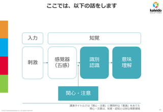 ©2019 kaleidosolutions inc. all rights reserved
ここでは、以下の話をします
関心・注意
知覚入力
刺激
感覚器
（五感）
識別
認識
意味
理解
講演タイトルでは「関心・注意」に慣用的な「意識」をあてた
関心・注意は、知覚・認知とは別な情意領域 41
 