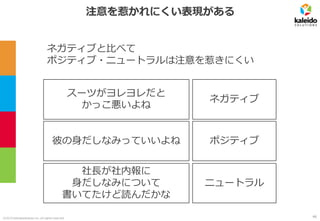 ©2019 kaleidosolutions inc. all rights reserved
注意を惹かれにくい表現がある
ネガティブと比べて
ポジティブ・ニュートラルは注意を惹きにくい
ネガティブ
ニュートラル
ポジティブ
スーツがヨレヨレだと
かっこ悪いよね
社長が社内報に
身だしなみについて
書いてたけど読んだかな
彼の身だしなみっていいよね
46
 