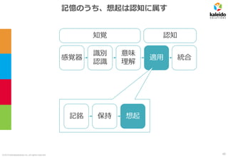 ©2019 kaleidosolutions inc. all rights reserved
記憶のうち、想起は認知に属す
感覚器
識別
認識
意味
理解
適用 統合
知覚 認知
60
記銘 保持 想起
 