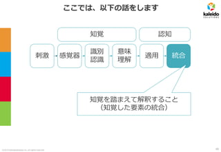 ©2019 kaleidosolutions inc. all rights reserved
ここでは、以下の話をします
刺激 感覚器
識別
認識
意味
理解
適用 統合
知覚を踏まえて解釈すること
（知覚した要素の統合）
知覚 認知
68
 