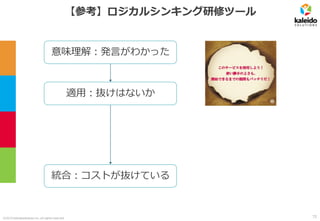 ©2019 kaleidosolutions inc. all rights reserved
【参考】ロジカルシンキング研修ツール
統合：コストが抜けている
適用：抜けはないか
意味理解：発言がわかった
72
 