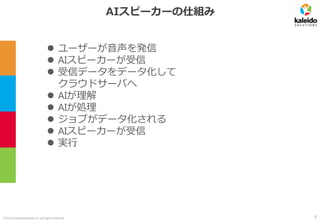 ©2019 kaleidosolutions inc. all rights reserved
AIスピーカーの仕組み
⚫ ユーザーが音声を発信
⚫ AIスピーカーが受信
⚫ 受信データをデータ化して
クラウドサーバへ
⚫ AIが理解
⚫ AIが処理
⚫ ジョブがデータ化される
⚫ AIスピーカーが受信
⚫ 実行
8
 