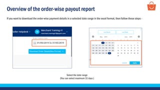 Overview of the order-wise payout report
If you want to download the order-wise payment details in a selected date range in the excel format, then follow these steps -
Select the date range
(You can select maximum 31 days )
 