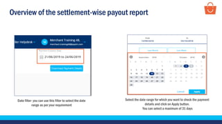 Overview of the settlement-wise payout report
Date filter- you can use this filter to select the date
range as per your requirement
Select the date range for which you want to check the payment
details and click on Apply button.
You can select a maximum of 31 days
 