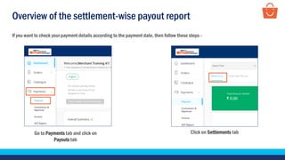 Overview of the settlement-wise payout report
If you want to check your payment details according to the payment date, then follow these steps -
Go to Payments tab and click on
Payouts tab
Click on Settlements tab
 