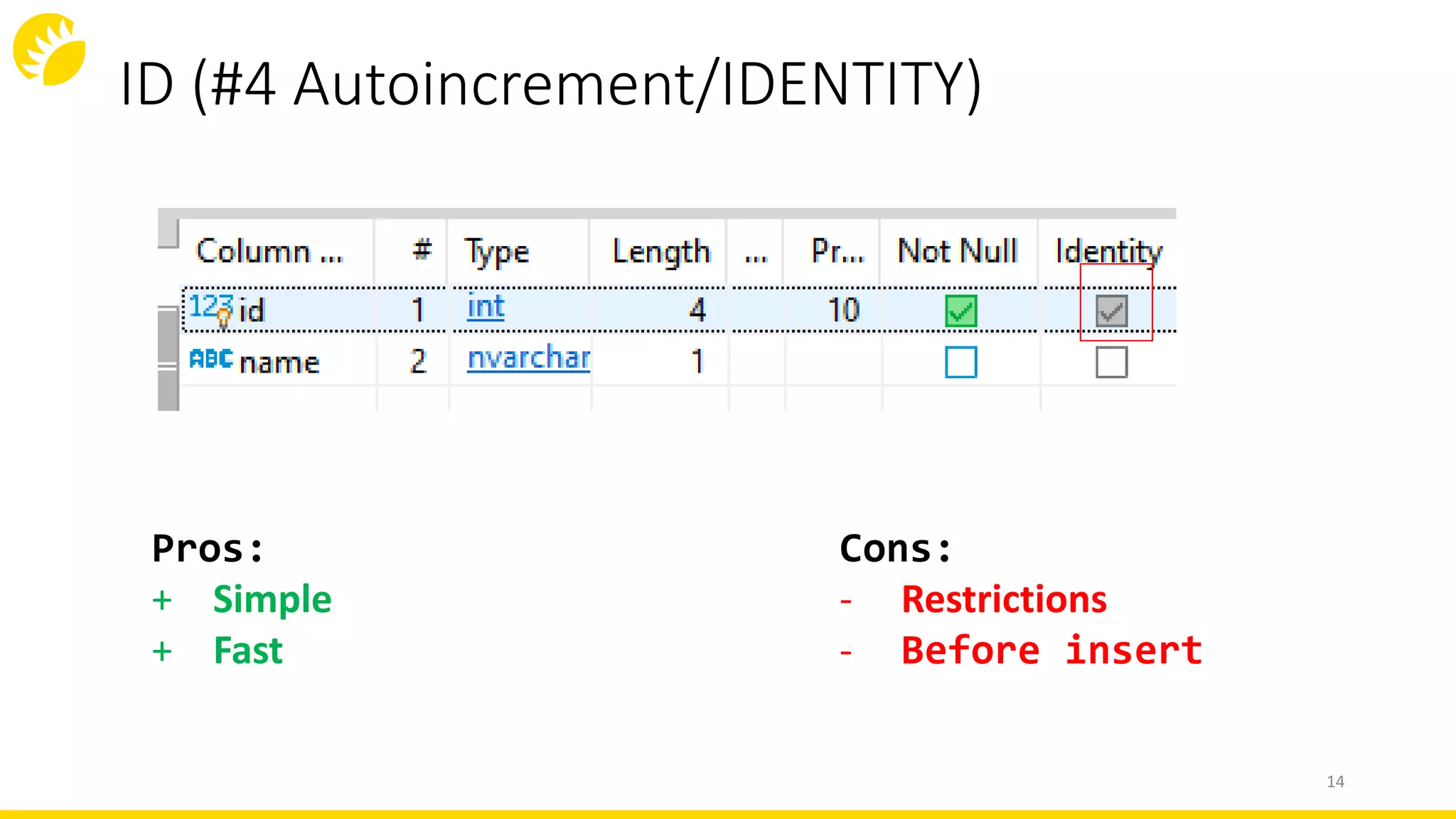 ID (#4 Autoincrement/IDENTITY)
14
Cons:
- Restrictions
- Before insert
Pros:
+ Simple
+ Fast
 