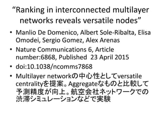 temporal networkとしてのmultilayer
network
• 一定の間隔毎に切ってmultilayer network化
– 「一定の時間間隔」をどう決めるか
– layer間の辺の強さをどう決めるか
A
B C
D
EF
...