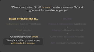 27
“We randomly select 50-100 incorrect questions (based on EM) and
roughly label them into N error groups.”
Biased conclu...