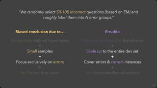 30
“We randomly select 50-100 incorrect questions (based on EM) and
roughly label them into N error groups.”
Biased conclu...