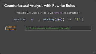 Another distractor is still confusing the model!
40
Counterfactual Analysis with Rewrite Rules
Would BiDAF work perfectly ...