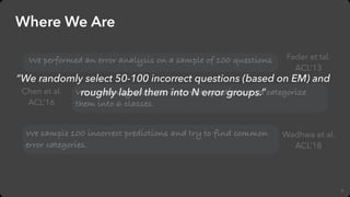 5
Where We Are
We performed an error analysis on a sample of 100 questions Fader et tal.
ACL’13
We sample 100 incorrect pr...