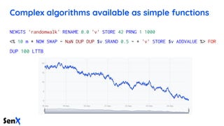 Complex algorithms available as simple functions
NEWGTS 'randomwalk' RENAME 0.0 'v' STORE 42 PRNG 1 1000
<% 10 m * NOW SWAP - NaN DUP DUP $v SRAND 0.5 - + 'v' STORE $v ADDVALUE %> FOR
DUP 100 LTTB
 